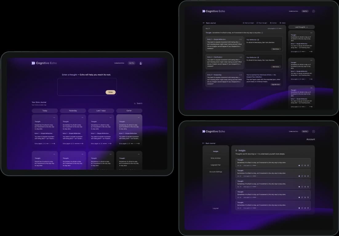 Сетка 2×2: главная · эхо-сессия · журнал · аккаунт в интерфейсе Echo
