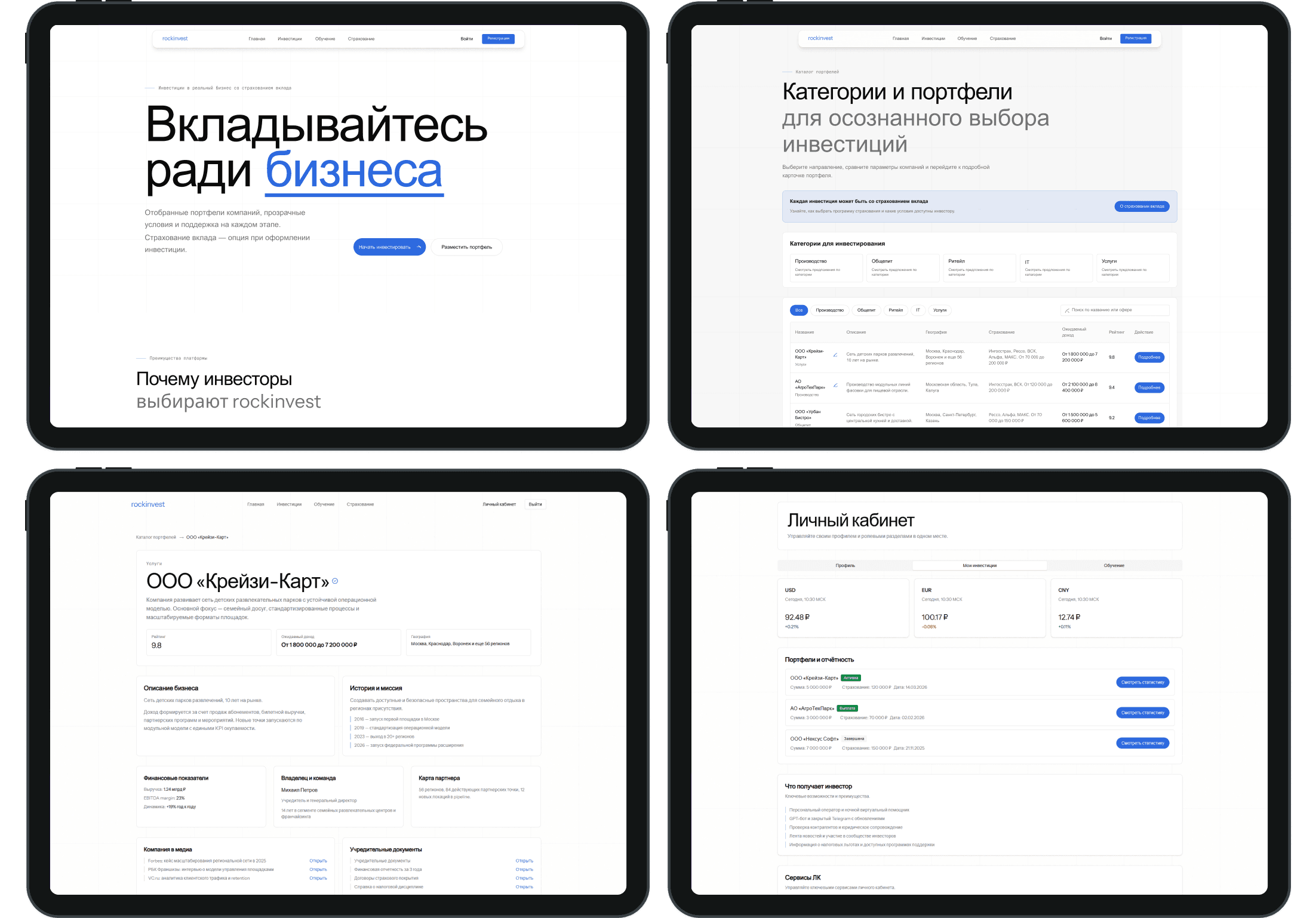 Сетка 2×2: главная `/` · каталог `/portfolios` · инвестирование `/portfolios/[id]/invest` · кабинет `/profile`